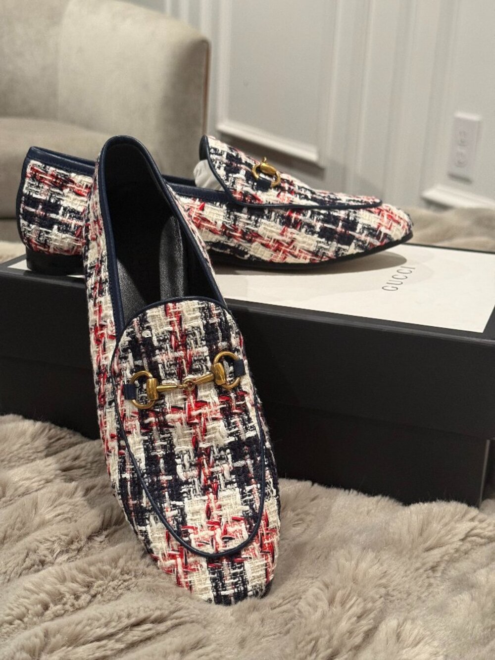 Gucci Jordaan Horsebit Tweed Plaid Loafers EU 37.5 Box & Dustbag